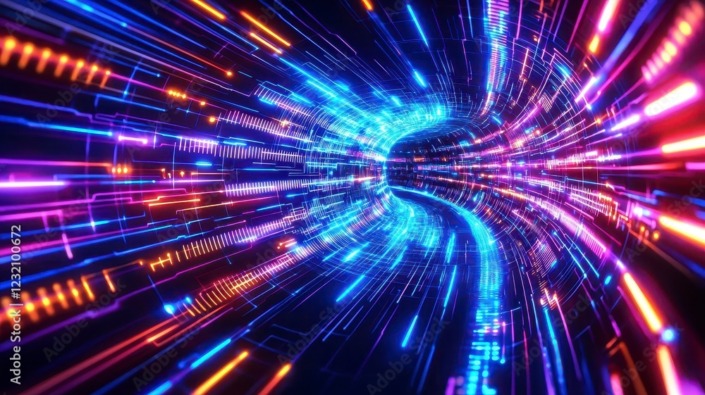 Bright digital circuits neon lights processing concept. A vibrant, futuristic tunnel of light emanating colorful, glowing streaks, conveying a sense of speed and energy in a digital environment. Bright digital circuits neon lights processing concept. A vibrant, futuristic tunnel of light emanating colorful, glowing streaks, conveying a sense of speed and energy in a digital environment.