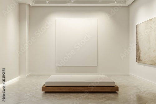 Minimalist gallery interior with blank canvas, wooden platform bed, and artwork.