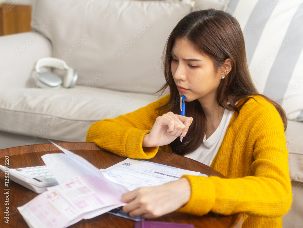 Young Asian woman organizes financial paperwork, sits at a desk and calculates income and expenses, manages debt, and plans for monthly finance to manage her financial responsibilities at home. Young Asian woman organizes financial paperwork, sits at a desk and calculates income and expenses, manages debt, and plans for monthly finance to manage her financial responsibilities at home.
