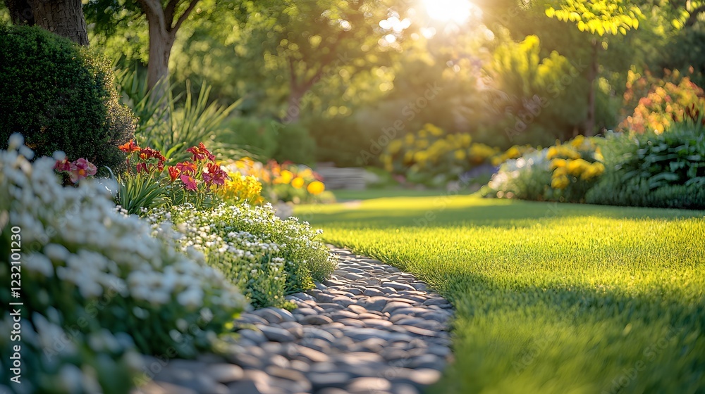 Obraz premium Landscaped garden displays natural stone pathways bordered by rock gardens, featuring ornamental grasses with white, red, and yellow blooms amid filtered sunlight through trees.