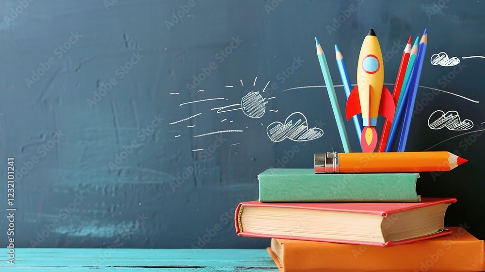 An Engaging Back - To - School Scene: Books, Pencils, and a Rocket Sketch. This captivating visual combines essential school supplies like books and pencils with an exciting rocket sketch An Engaging Back - To - School Scene: Books, Pencils, and a Rocket Sketch. This captivating visual combines essential school supplies like books and pencils with an exciting rocket sketch
