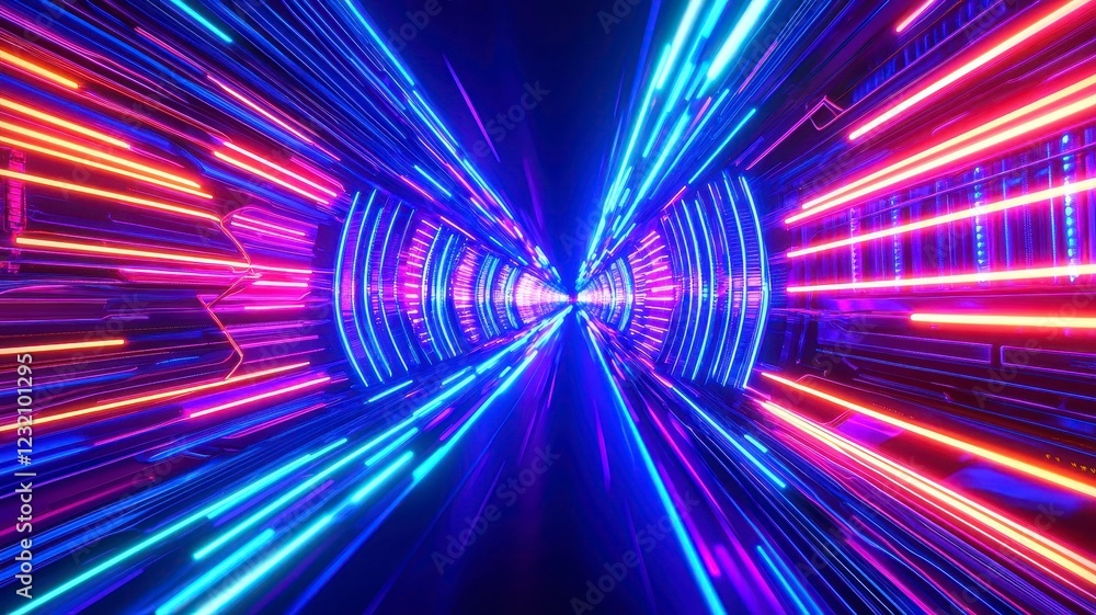 Bright digital circuits neon lights processing concept. A vibrant, futuristic scene featuring dynamic blue and pink lights creating a sense of movement through a tunnel-like space. Bright digital circuits neon lights processing concept. A vibrant, futuristic scene featuring dynamic blue and pink lights creating a sense of movement through a tunnel-like space.