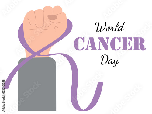 рWorld cancer day banner. Awareness of cancer disease. Raised fist tied with a lavender ribbon as a symbol of the fight against cancer. Hand drawn vector illustration in flat style. 4 February