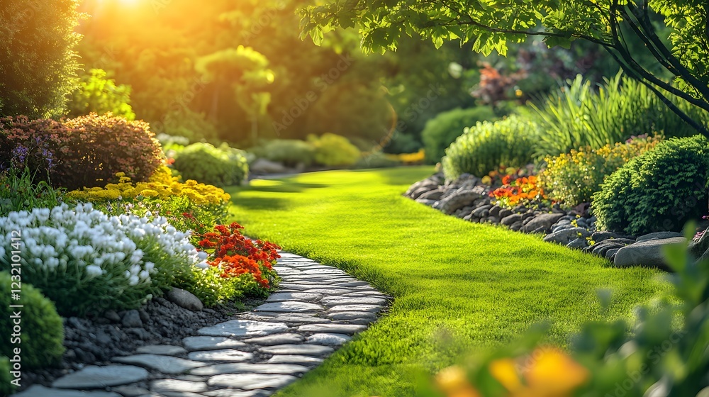 Obraz premium Landscaped garden displays natural stone pathways bordered by rock gardens, featuring ornamental grasses with white, red, and yellow blooms amid filtered sunlight through trees.
