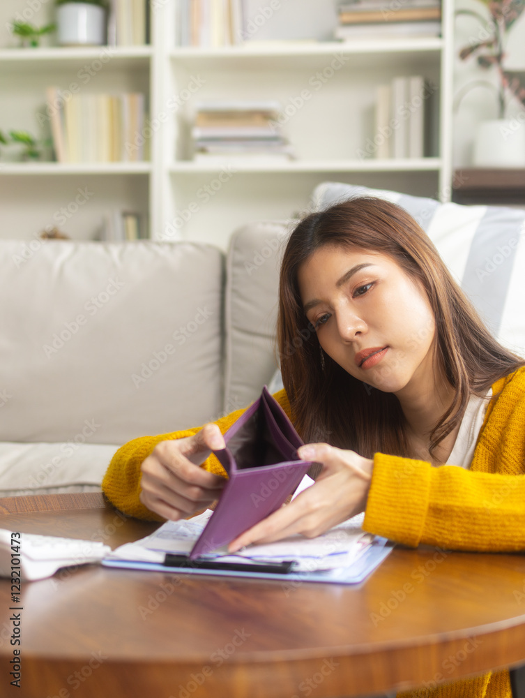 Frustrated young Asian woman looks at her empty wallet with a worried expression, feeling stressed about her financial instability and unpaid loan. Serious Asian woman thinking about financial future. Frustrated young Asian woman looks at her empty wallet with a worried expression, feeling stressed about her financial instability and unpaid loan. Serious Asian woman thinking about financial future.