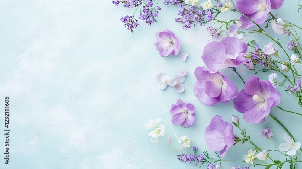 Fototapeta premium Subtle purple and teal floral arrangement with vintage grain textures and ample copy space. Generative AI