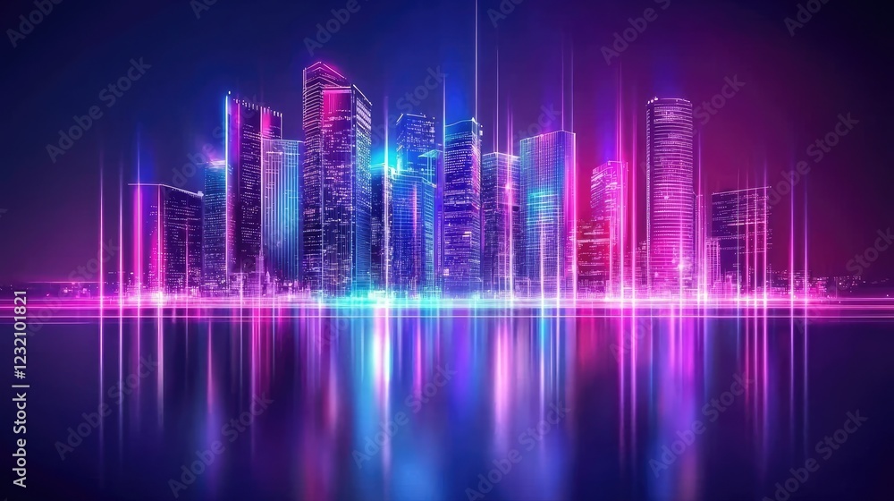 Vibrant Colorful City Skyline with Reflective Water and Lights Vibrant Colorful City Skyline with Reflective Water and Lights
