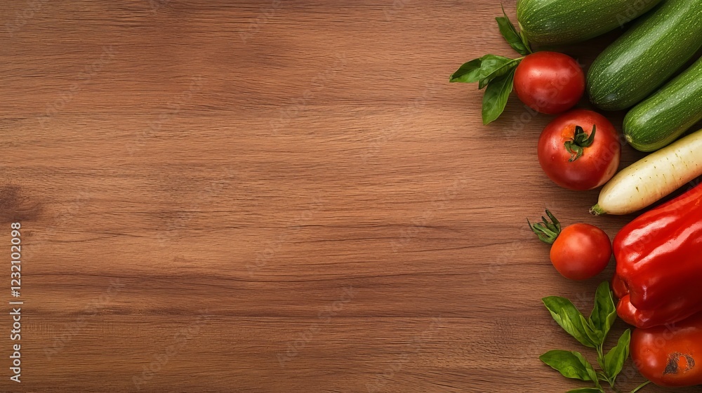 Fresh vegetable including tomatoes, cucumber, and pepper arranged on a wooden surface Fresh vegetable including tomatoes, cucumber, and pepper arranged on a wooden surface