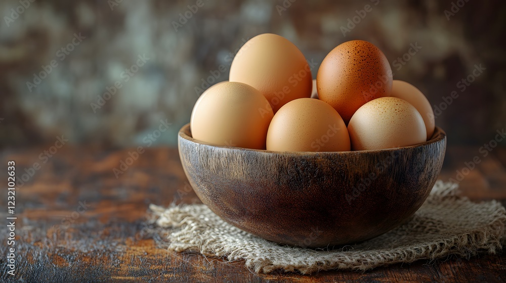 Fresh eggs nestle in rustic wooden bowl against burlap texture background, featuring natural light and organic styling elements in minimalist farm-fresh arrangement. Fresh eggs nestle in rustic wooden bowl against burlap texture background, featuring natural light and organic styling elements in minimalist farm-fresh arrangement.