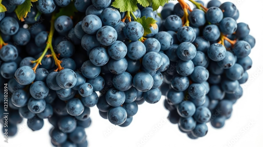 Fresh blue wet grapes hanging from a bunch, suspended in mid-air on a crisp white background, fresh fruit, edible, blue wet grapes Fresh blue wet grapes hanging from a bunch, suspended in mid-air on a crisp white background, fresh fruit, edible, blue wet grapes