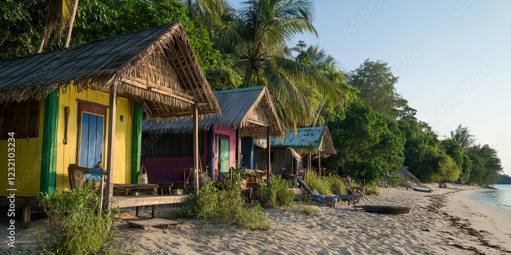 Row of Colorful Thatched Beach Huts on Sandy Shore Row of Colorful Thatched Beach Huts on Sandy Shore