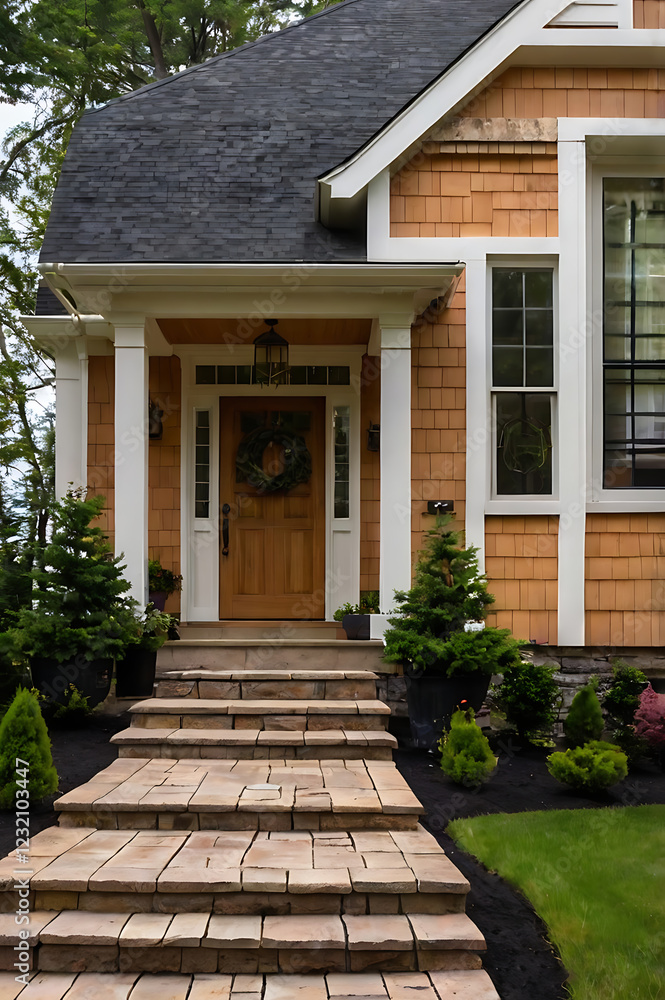 Obraz premium Stunning Home Exterior with Stone Steps and Landscaping. Beautiful architecture and design details. Real Estate photography