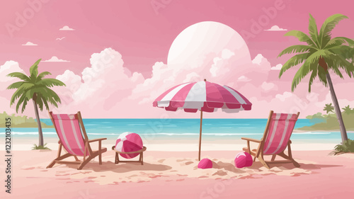 Summer sale, three pink podium display, coconut trees, pile of sand, beach umbrella, beach chair and beach ball, banner design, on cloud and sky pink background