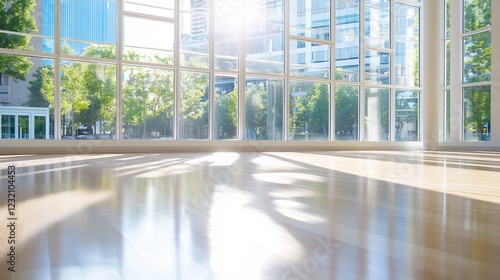 Sunlit office space, city view