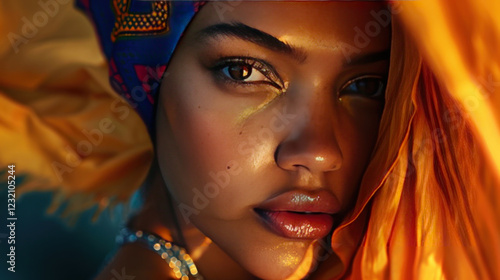 beauty portrait with headscarf, vivid contrast, creative lighting, detailed textures, professional retouching, captivating focus photo