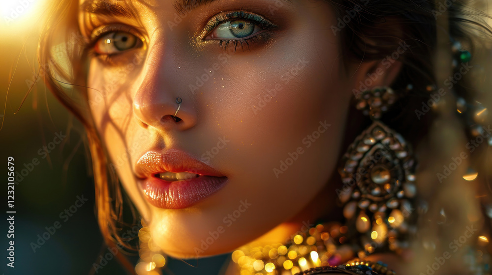Fototapeta premium beauty portrait with jewelry, ethereal glow, creative lighting, detailed textures, professional retouching, captivating focus
