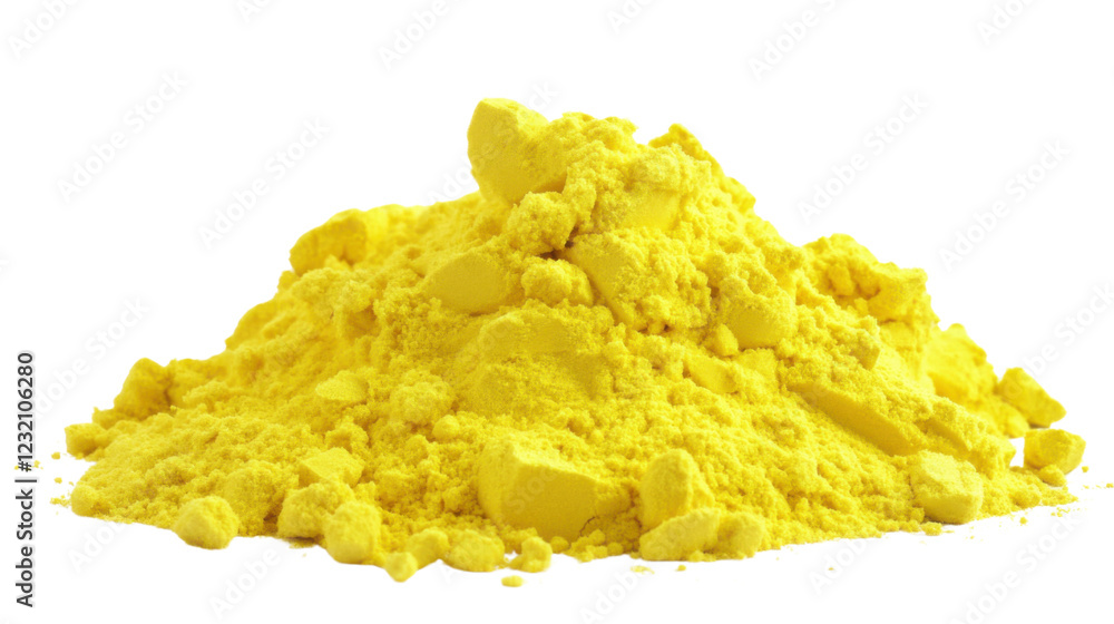 Pile of bright yellow sulfur powder on transparent background