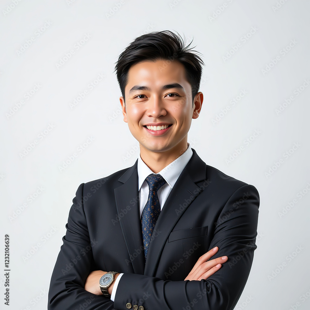 Young Asian businessman smiling with arms crossed isolated on white background, 8k Resolution Young Asian businessman smiling with arms crossed isolated on white background, 8k Resolution