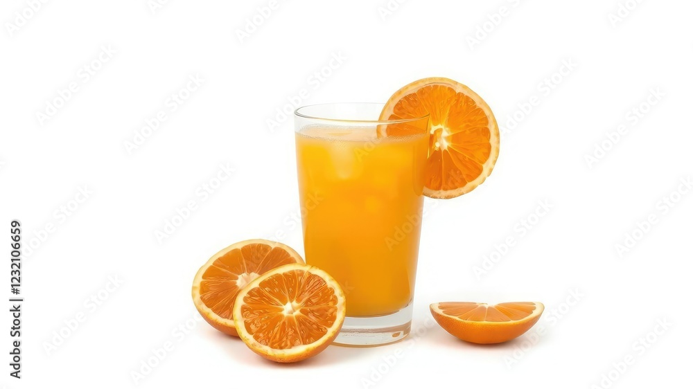 Fresh orange juice in a glass with sliced oranges isolated on a white background, beverage, beverage concept