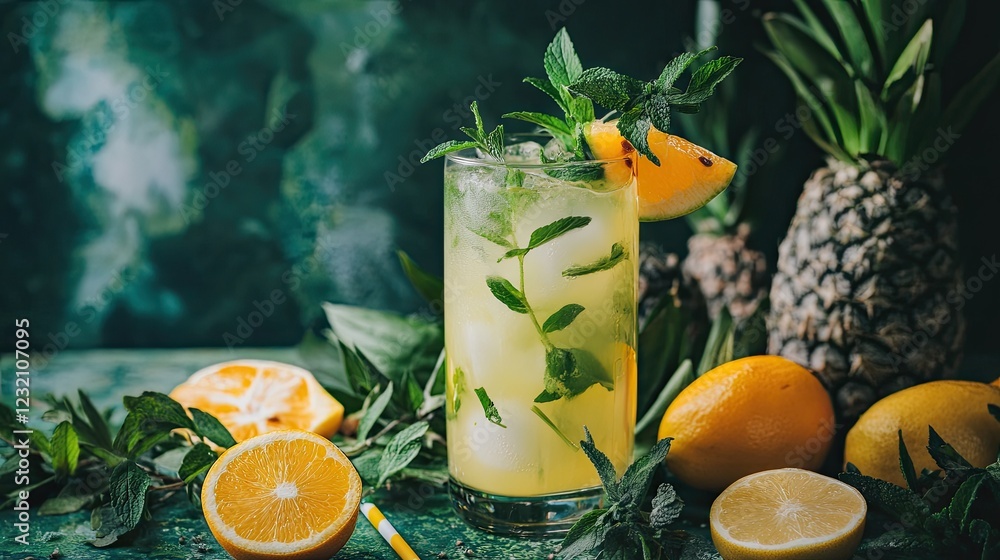A locally inspired cocktail garnished with herbs and fresh fruit. A locally inspired cocktail garnished with herbs and fresh fruit.