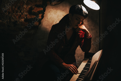 Quadro em tela A contemplative woman in a leather beret plays piano under soft lighting