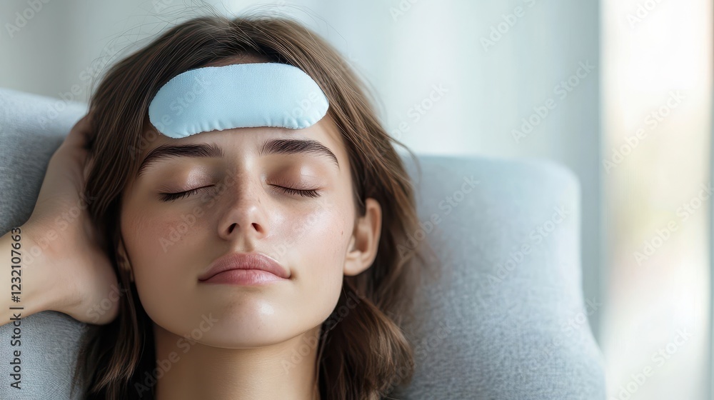 Fototapeta premium Relaxed woman enjoying a soothing eye mask moment