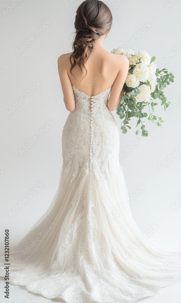 The silhouette of a woman wearing a white wedding dress, holding flowers in her hands The silhouette of a woman wearing a white wedding dress, holding flowers in her hands
