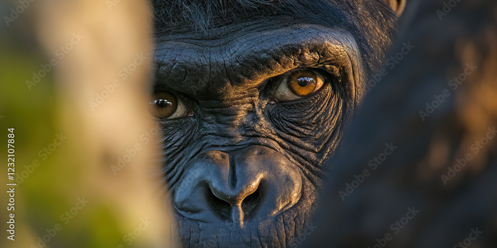 Bonobo Face Partially Obscured by Vegetation Bonobo Face Partially Obscured by Vegetation