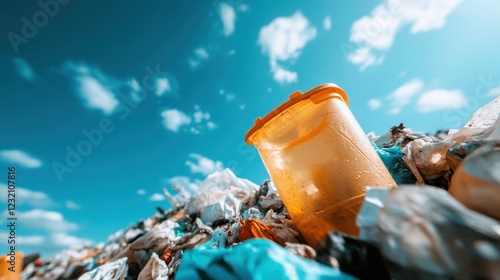 A close-up view of discarded materials emphasizing the urgent issue of waste management, cleverly framed against a vivid sky filled with clouds. photo