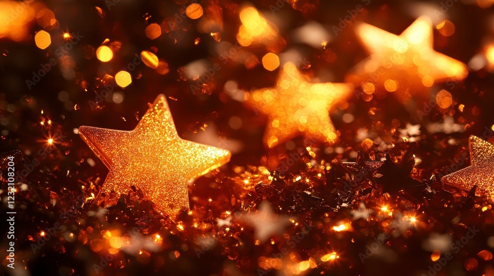 Golden star shaped ornaments sparkle against a dark background, illuminated by warm, glittering lights. Perfect for holiday or celebratory themes Golden star shaped ornaments sparkle against a dark background, illuminated by warm, glittering lights. Perfect for holiday or celebratory themes