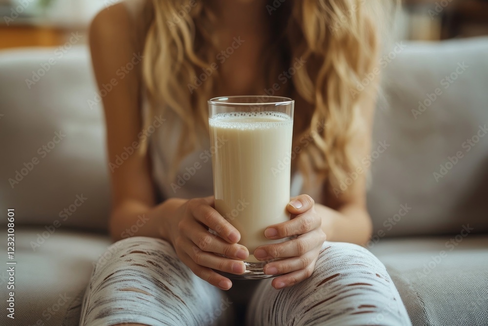 lactose intolerance concept. A glass of milk is on the table and have stomachache woman on sofa lactose intolerance concept. A glass of milk is on the table and have stomachache woman on sofa