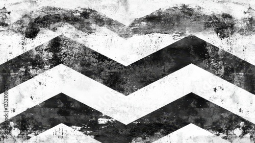 Abstract monochrome chevron pattern with grunge texture. Black and white zigzag design with distressed, aged effect. Ideal for backgrounds and