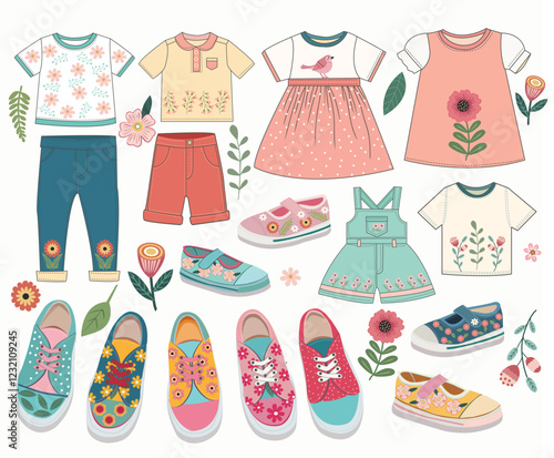 Collection of Cartoon fashion cloth and sneakers  for kids