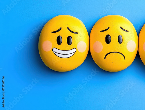 Happy and sad emoticons on colorful background evoke positive emotions and expressions. These cheerful yellow faces represent range of feelings, perfect for creative projects photo