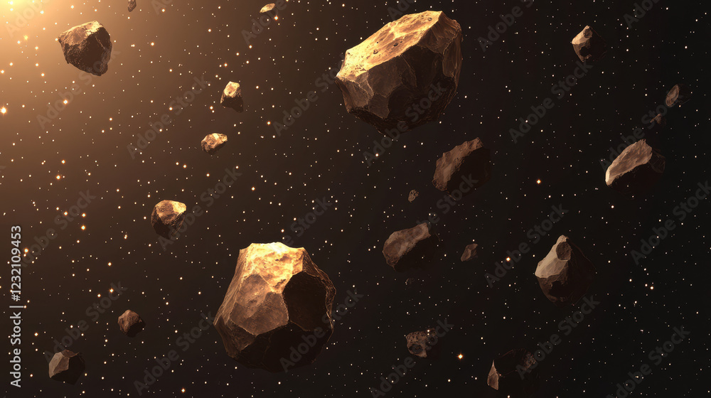 Stone asteroid belt realistic vector illustration. Meteor, space boulder or rock with craters flying in weightlessness isolated icon set on transparent background, various form