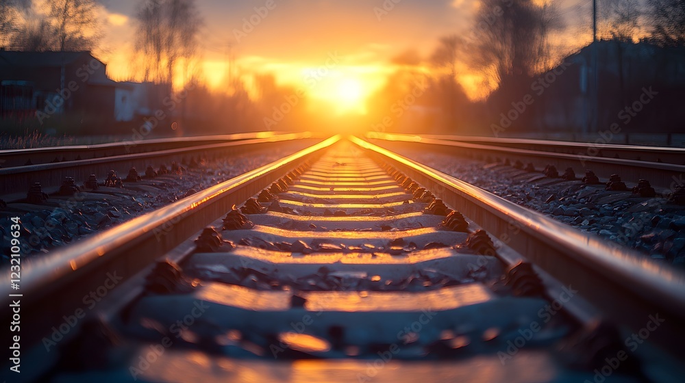 Obraz premium Railroad tracks converge at sunset junction, featuring golden sunburst light rays illuminating rusty rails and wooden sleepers in dramatic industrial transportation scene.