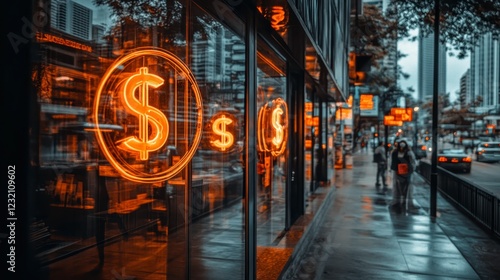 Urban street scene at night, featuring a storefront with illuminated dollar sign neon signs reflected in the glass. People walk on a rain slicked photo