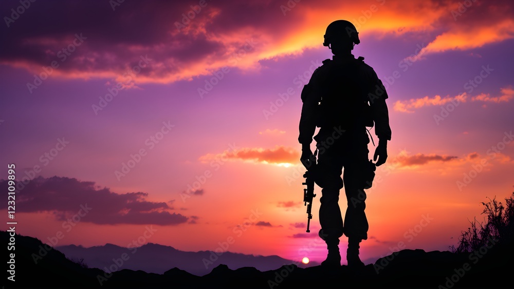 Fototapeta premium Silhouette of a soldier standing on a mountaintop at sunset, holding a rifle.