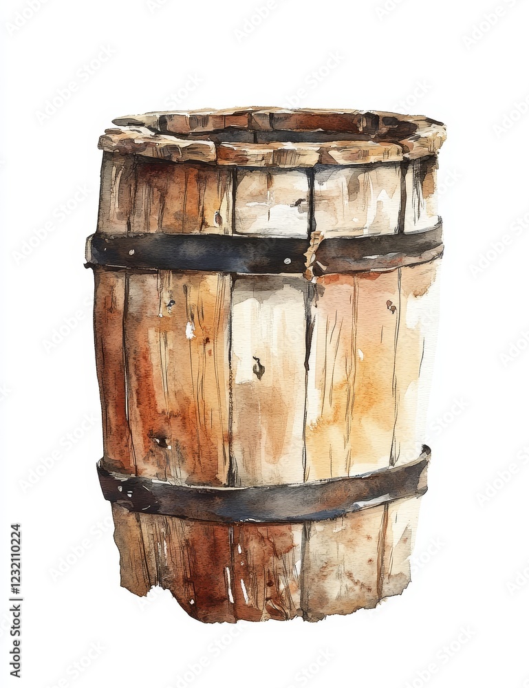 Watercolor painting of old wooden barrel with metal bands. Watercolor painting of old wooden barrel with metal bands.