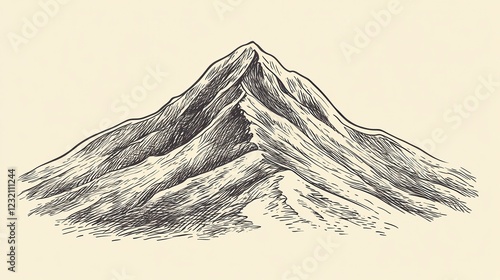 Black and white hand drawn illustration of a majestic mountain peak against a beige background. The detailed sketch showcases texture and contours of