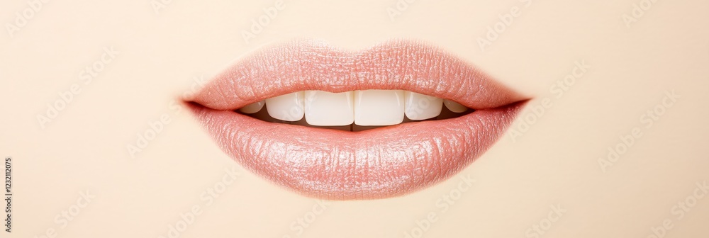 Obraz premium Closeup of perfect natural lip makeup with pink lipstick showing healthy white teeth and highlighting the concept of cosmetology and lip augmentation