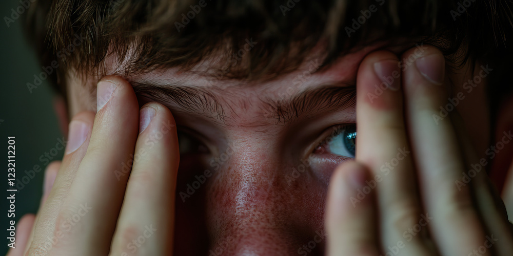 Close-up Portrait of a Young Man Partially Obscuring His Face with Hands Close-up Portrait of a Young Man Partially Obscuring His Face with Hands
