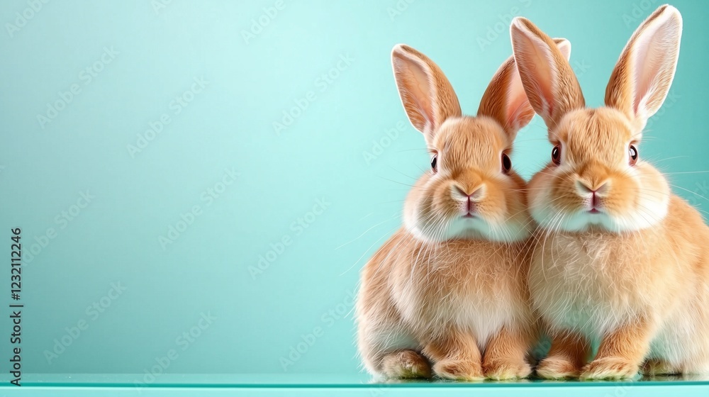 Fototapeta premium Two adorable rabbits sit side by side against a soft teal background, exuding charm and cuteness.
