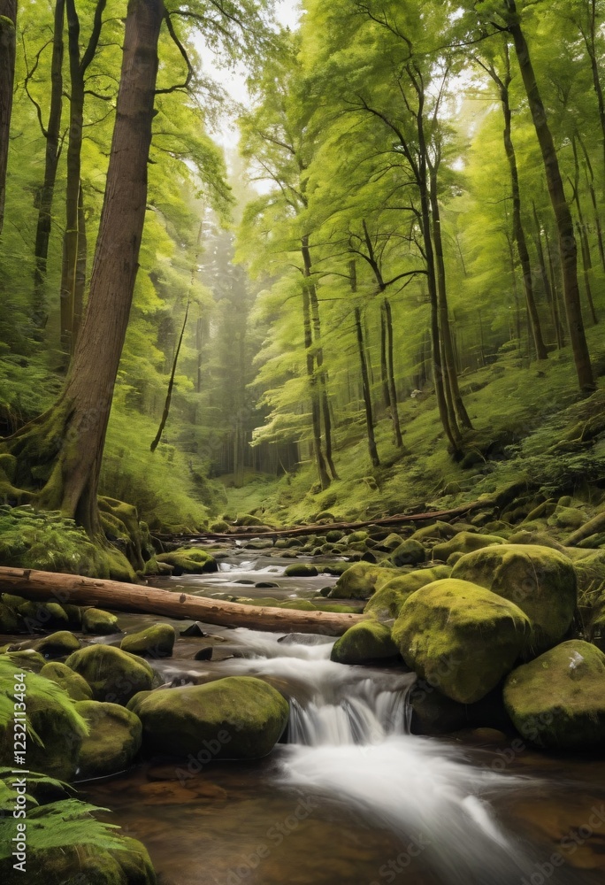 Fototapeta premium Lush Green Forest with a Gentle Stream – Tall Trees, Moss-Covered Rocks, Sunlight Filtering Through Canopy – Peaceful Nature Scene – Ideal for Eco, Wellness, Travel, Relaxation. Ai generated image.