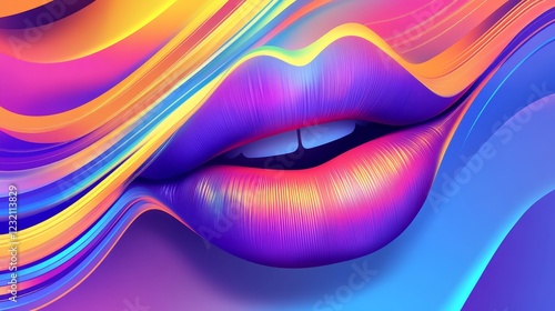 Vibrant abstract representation of lips with colorful flowing waves, symbolizing beauty and expression photo