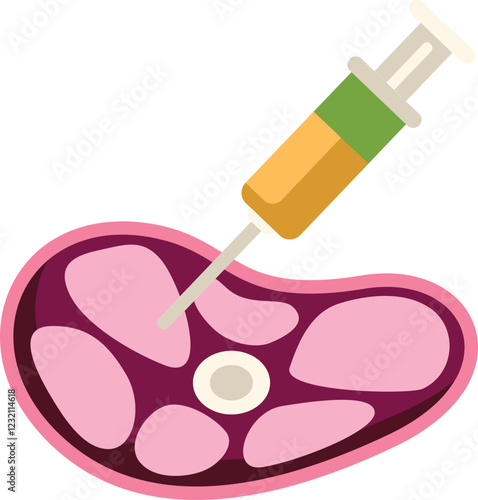 Illustration of a syringe injecting a yellow substance into a piece of raw meat
