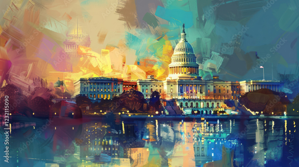 Obraz premium Capitol Hill illustrated in an impressionistic art style, vibrant colors