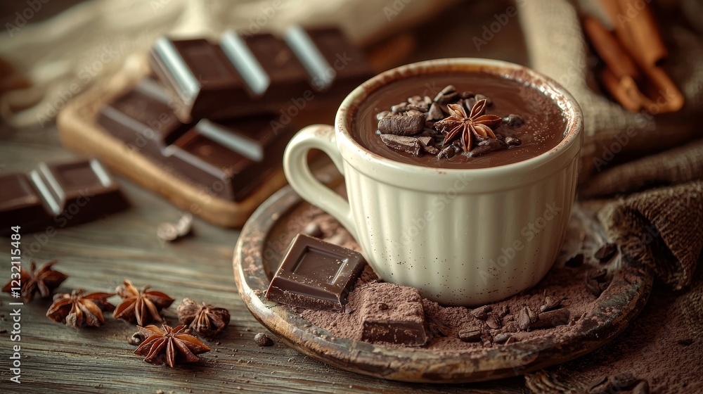 Aromatic Hot Chocolate Delight: Indulge in the Richness of Warm Cocoa, Enhanced with Star Anise and Dark Chocolate Shavings Aromatic Hot Chocolate Delight: Indulge in the Richness of Warm Cocoa, Enhanced with Star Anise and Dark Chocolate Shavings