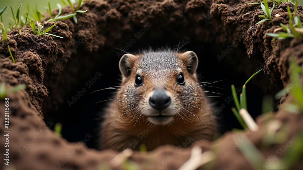 Fototapeta premium Squirrel peering out from a burrow surrounded by grass in a natural setting