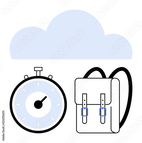 Stopwatch backpack cloud. Ideal for time management, productivity, education, travel, technology, organization, cloud computing concepts. Line metaphor